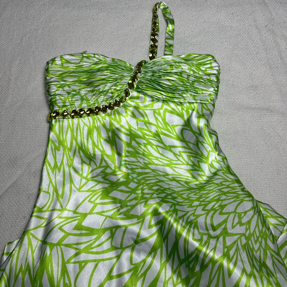 Morgan & Co Vintage Y2K Prom Gown Lime Green Silver 1 Shoulder Embellished 9/10 - Picture 5 of 12